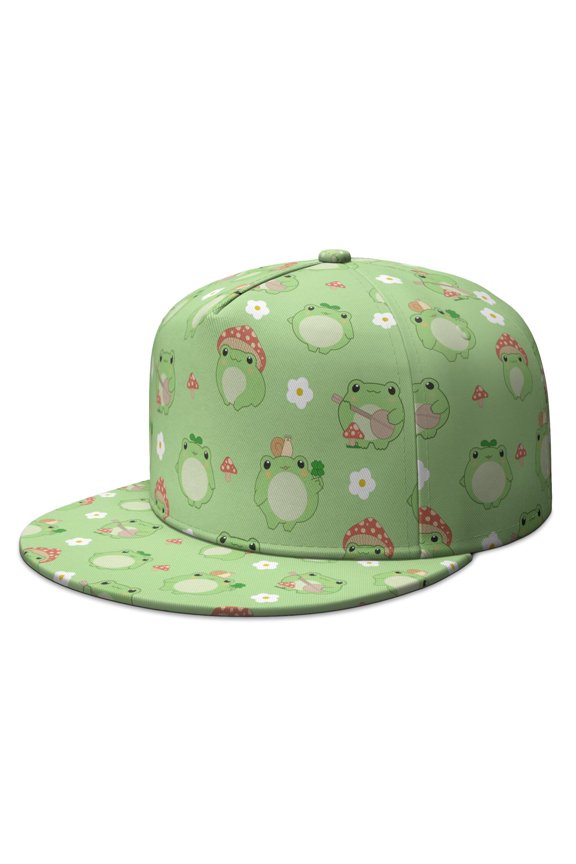 Unisex Flat Bill Cap - Cute Frog Forest Print Adjustable Streetwear Hip Hop Hat with Plant & Green Design