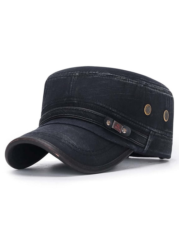 Unisex Flat Top Cadet Cap, Washed Cotton Vintage Military Style Hat with Metal Badge, Adjustable Brim Cap for Men Women, Breathable Daily Hat for Outdoor Travel Driving and Casual Wear Black
