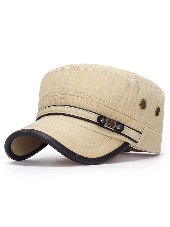 Unisex Flat Top Cadet Cap, Washed Cotton Vintage Military Style Hat with Metal Badge, Adjustable Brim Cap for Men Women, Breathable Daily Hat for Outdoor Travel Driving and Casual Wear Beige