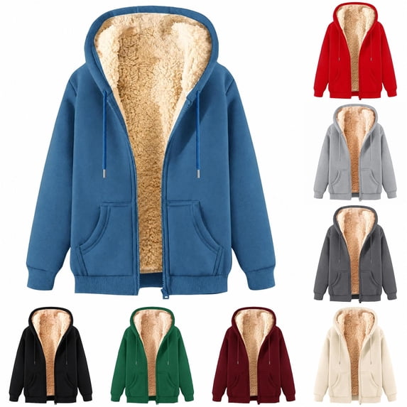 Unisex Fleece Hooded Winter Jacket Zip Up Warm Coat with Pockets Solid Color Casual Outerwear