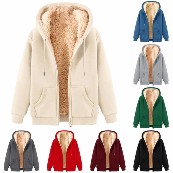 Unisex Fleece Hooded Winter Jacket Zip Up Warm Coat with Pockets Solid Color Casual Outerwear