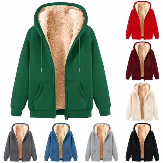 Unisex Fleece Hooded Winter Jacket Zip Up Warm Coat with Pockets Solid Color Casual Outerwear