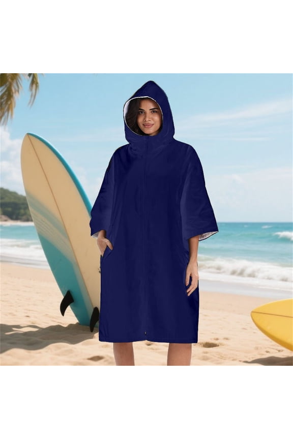 Unisex Fleece-Lined Changing Robe, Hooded Zippered Beach Poncho, Quick Dry Cover Up, Plush Lined Outdoor Changing Garment, Adult Changing Robe with Pocket Blue One Size