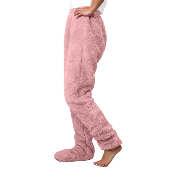 Unisex Fleece-Lined Footed Sleep Pants - Thick Plush Warm Loungewear With Foot Coverage, Pink Size XXL