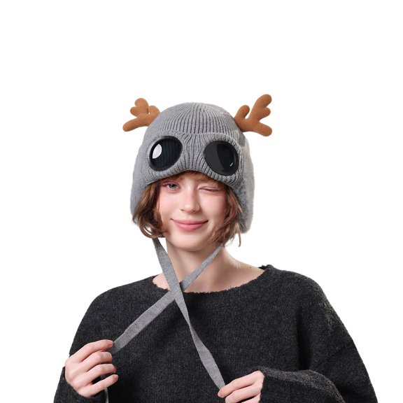 Unisex Fleece-Lined Ski Hat With Goggles - Knitted Warm Deer Antler Hat, Gray