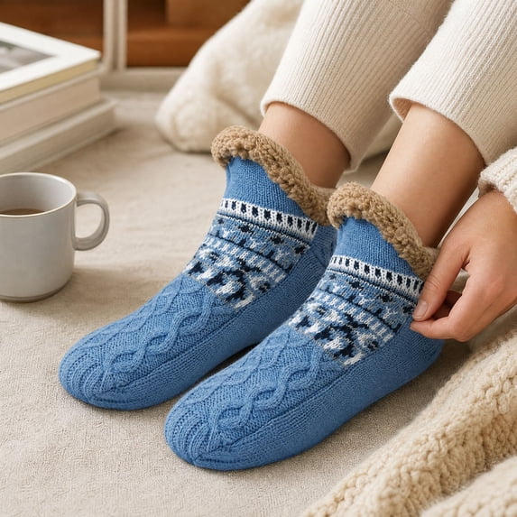 Unisex Fleece Lined Thick Ankle Socks Indoor Home Floor Socks Soft Knit Slipper Socks For Cold Weather Use Warm Cozy Winter House Socks Non Slip Bottom Thermal Bed Socks Plush Lining Sleep Socks