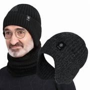 Unisex Fleece-Lined Winter Beanie with Earflaps, Elastic Knitted Hat + Neck Warmer Two-Piece Set for Cold Weather