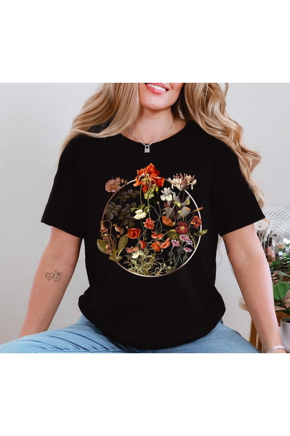Unisex Flower Aesthetic Vintage Pressed Floral T-Shirt Cotton Graphic Tee-All Size S-5Xl