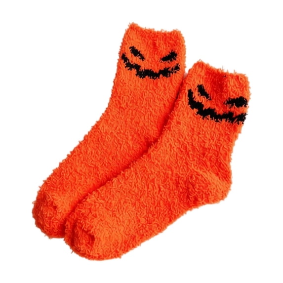 Unisex Fluffy Fuzzy Halloween Mid‑Calf Socks, Soft Warm Bat Ghost Pumpkin Print Socks, Cozy Breathable Plush Socks For Indoor Holiday Wear,One Size