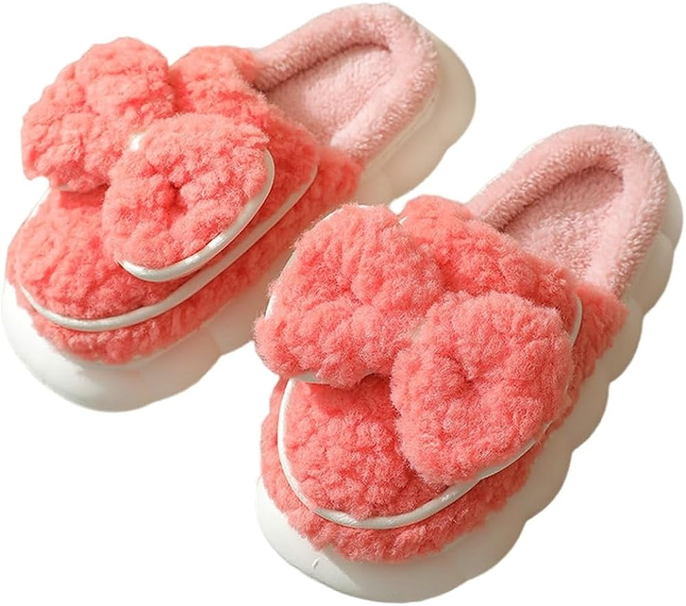 Unisex Fluffy Plush House Slippers Warm Cute Bow Slippers Comfy