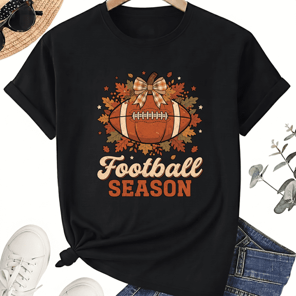 Unisex Football Season T-Shirt, Bow and Leaves Graphic, 100% Cotton Short Sleeve Tee