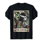 Unisex Frankenstein Bride Card T-Shirt, Gothic Horror Graphic Tee with Monster and Bride Art Print, Short Sleeve Round Neck Casual Shirt for Halloween and Casual Attire, Machine Washable All-Season F