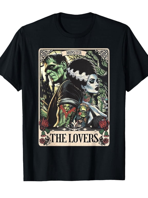 Unisex Frankenstein Bride Card T-Shirt, Gothic Horror Graphic Tee with Monster and Bride Art Print, Short Sleeve Round Neck Casual Shirt for Halloween and Casual Attire, Machine Washable All-Season F