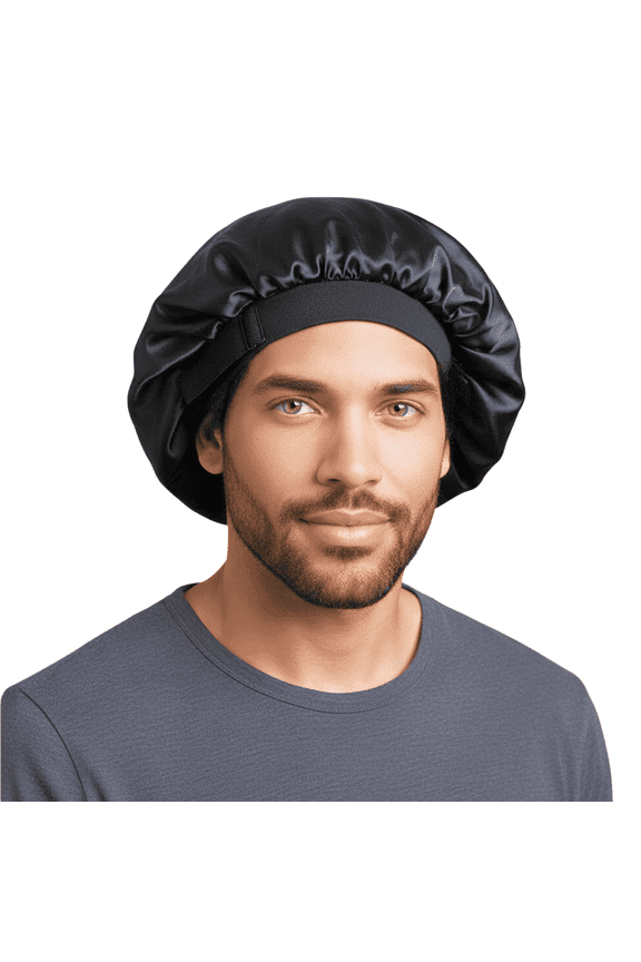 Unisex Frizz-Free Moisture Retention Charmeuse Silk Satin Sleep Hair Bonnet, Black