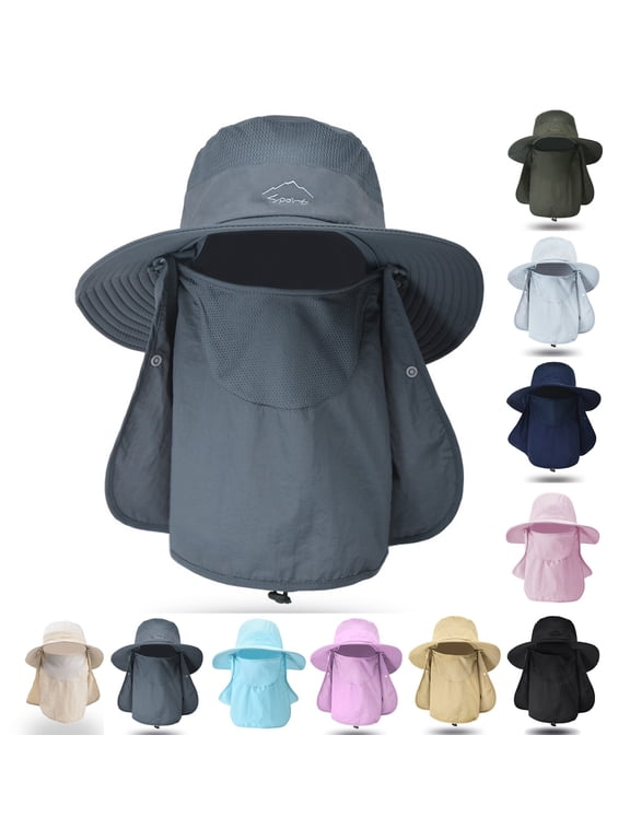 Unisex Full Coverage Sun Hat, Detachable Neck Face Flap Wide Brim UV Protection Bucket Hat, Breathable Mesh Foldable Outdoor Cap Light Gray One Size