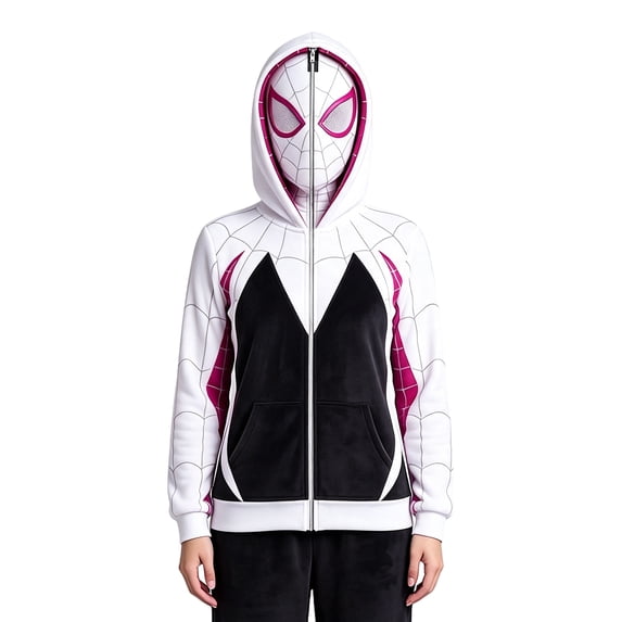 Unisex Full Face Masked Zip Hoodie, Spider Web Printed Hooded Sweatshirt Cosplay Costume Jacket