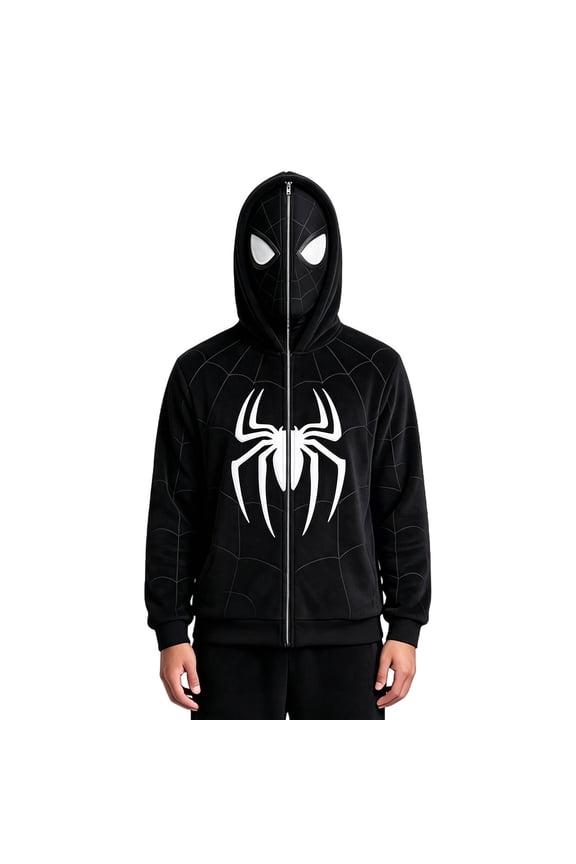 Unisex Full Face Masked Zip Hoodie, Spider Web Printed Hooded Sweatshirt Cosplay Costume Jacket