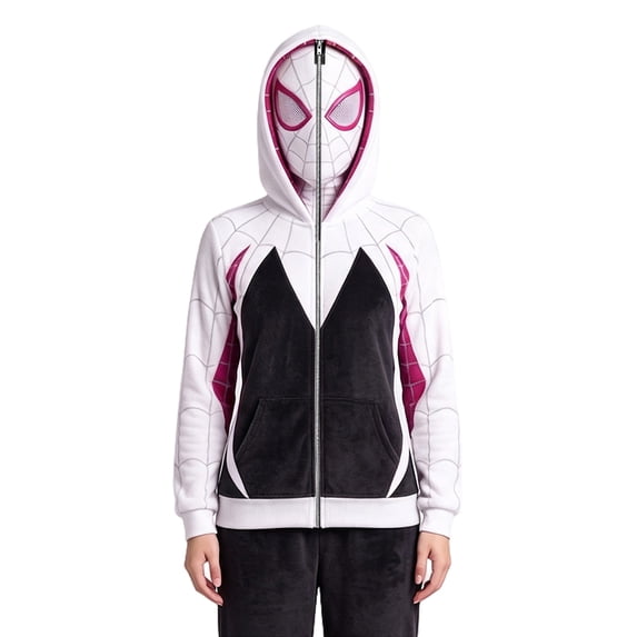 Unisex Full-Zip Fleece Hoodie with Mask, Superhero Web Print Cosplay Costume Sweatshirt for Halloween Party White S