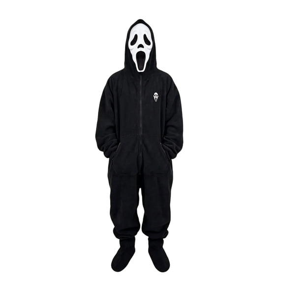 Unisex Full Zip Horror Mask Onesie Halloween Costumes, Scary Character Jumpsuit with Hood, Cosplay Costume for Party and Loungewear
