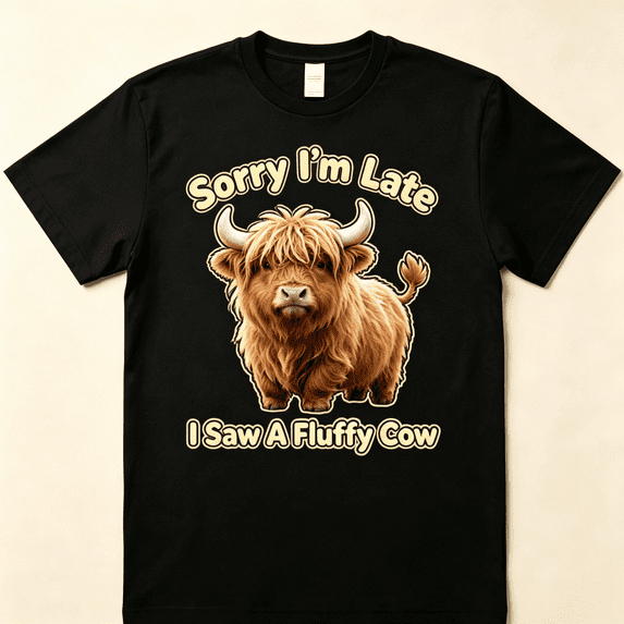 Unisex Funny Highland Cow Graphic T-Shirt, Sorry I'm Late I Saw A Fluffy Cow Cute Fluffy Cow Lover Short Sleeve Crew Neck Casual Tee