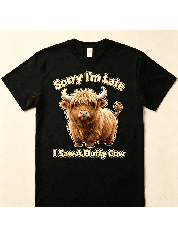 Unisex Funny Highland Cow Graphic T-Shirt, Sorry I'm Late I Saw A Fluffy Cow Cute Fluffy Cow Lover Short Sleeve Crew Neck Casual Tee