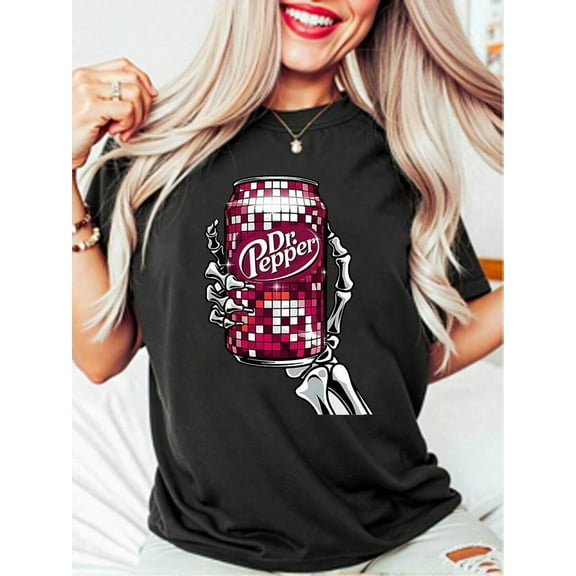 Unisex Funny Round Neck 100% Cotton Black Funny Round Neck 100% T - Shirt With Dr. Pepper And Skeleton Hand Graphic