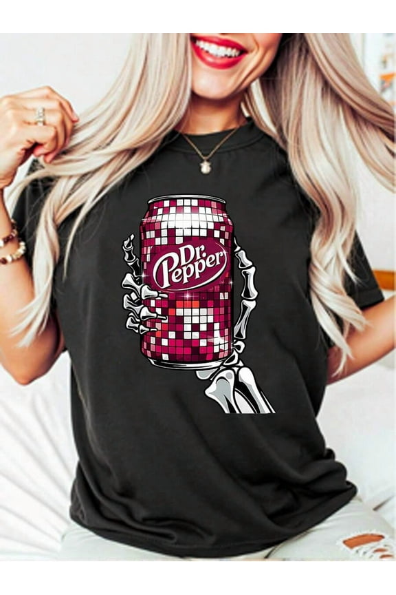 Unisex Funny Round Neck 100% Cotton Black Funny Round Neck 100% T - Shirt With Dr. Pepper And Skeleton Hand Graphic