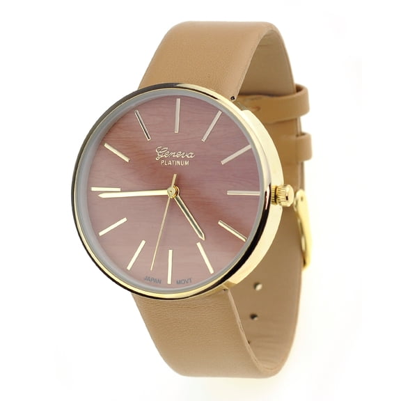 Unisex Geneva Stainless Steel Back Wood-Look Dial Beige Faux Leather Strap Watch