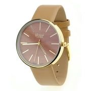 Unisex Geneva Stainless Steel Back Wood-Look Dial Beige Faux Leather Strap Watch