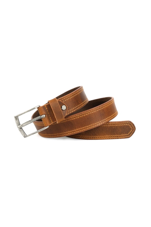 Unisex Genuine Leather Casual Brown Belt With Double Stitching And Classic Metal Buckle