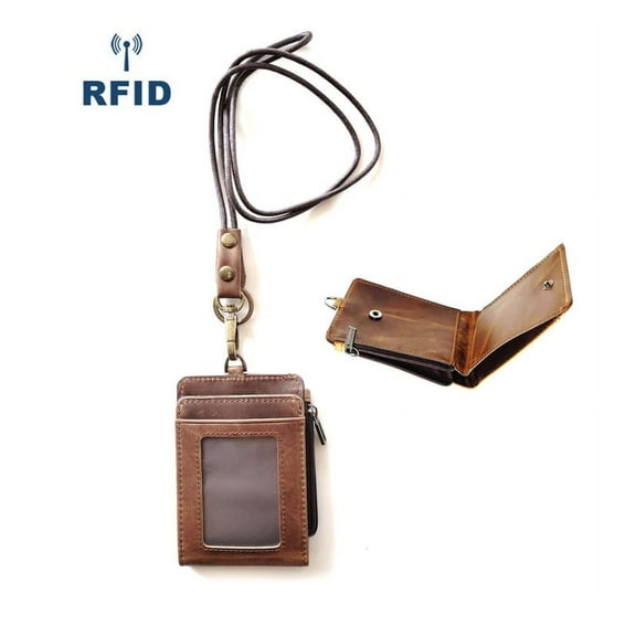 Unisex Genuine Leather Slim Bifold Wallet with Lanyard & Key Ring. Oil Wax Crazy Horse Cowhide Leather Retro Vintage Style ID Badge Card Case. RFID Blocking.