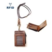 Unisex Genuine Leather Slim Bifold Wallet with Lanyard & Key Ring. Oil Wax Crazy Horse Cowhide Leather Retro Vintage Style ID Badge Card Case. RFID Blocking.