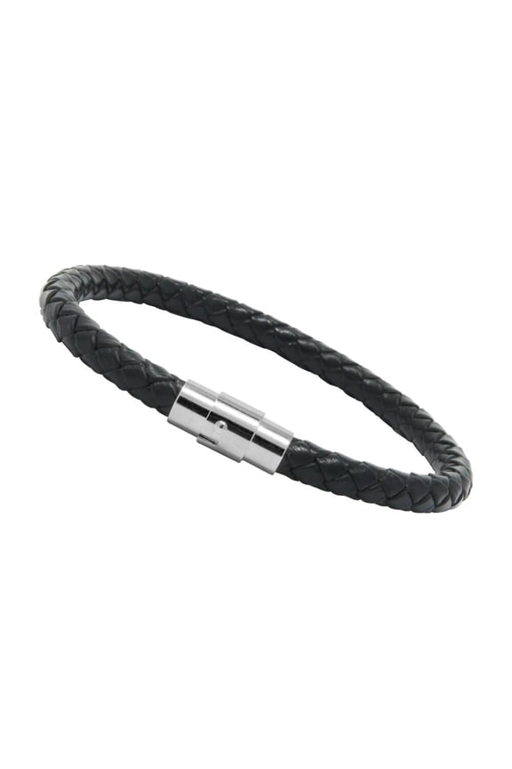 Genuine Braided Leather Bracelet With Stainless Steel Magnetic Clasp, Black