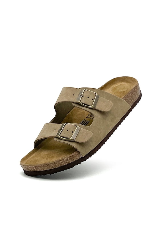 Unisex Genuine Suede Summer Sandals Arch Support Cork Footbed Slide Sandals with Double Adjustable Buckle for Women Men Summer Outdoor Slides