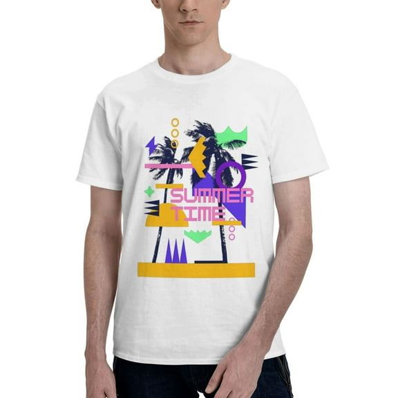 Unisex Geometric Palm Tree Summer Time T-Shirt Premium 100% Cotton Short Sleeve T-Shirt Tee Crew Neck Casual Tshirt,White,S