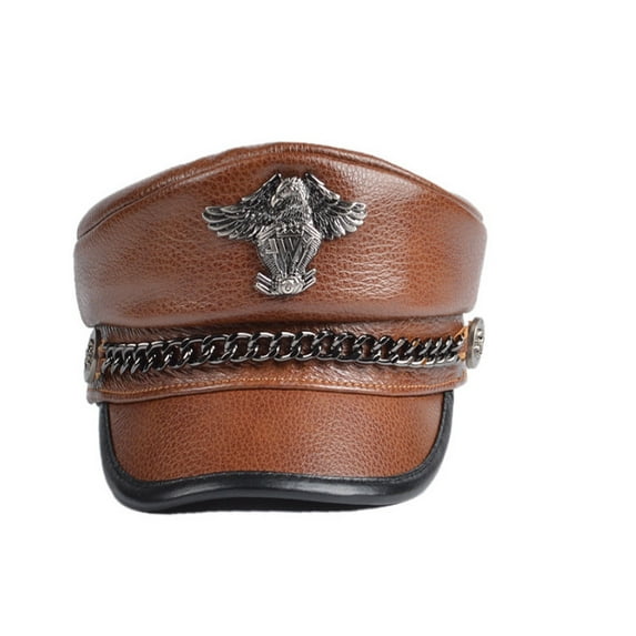 Unisex German Cap Man Genuine Leather Flat Top Hat Korean Fashion Mark Chain Punk Locomotive Casquette Male ,Durable Quality