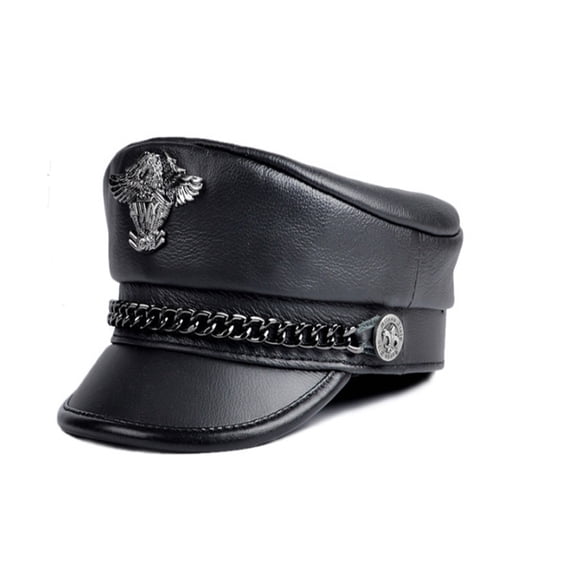 Unisex German Cap Man Genuine Leather Flat Top Hat Korean Fashion Mark Chain Punk Locomotive Casquette Male ,Durable Quality