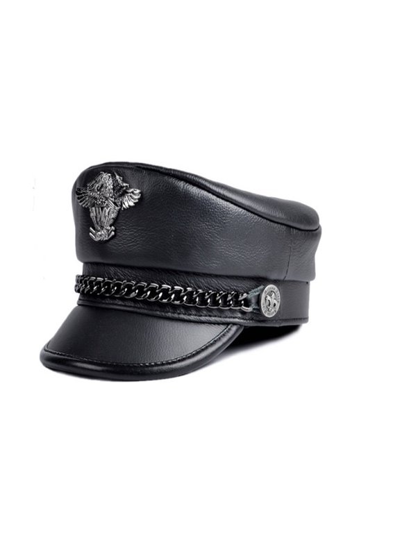 Unisex German Cap Man Genuine Leather Flat Top Hat Korean Fashion Mark Chain Punk Locomotive Casquette Male ,Durable Quality