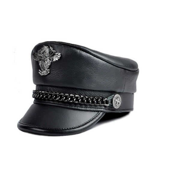 Unisex German Cap Man Genuine Leather Flat Top Hat Korean Fashion Mark Chain Punk Locomotive Casquette Male ,Lightweight Cozy Enough