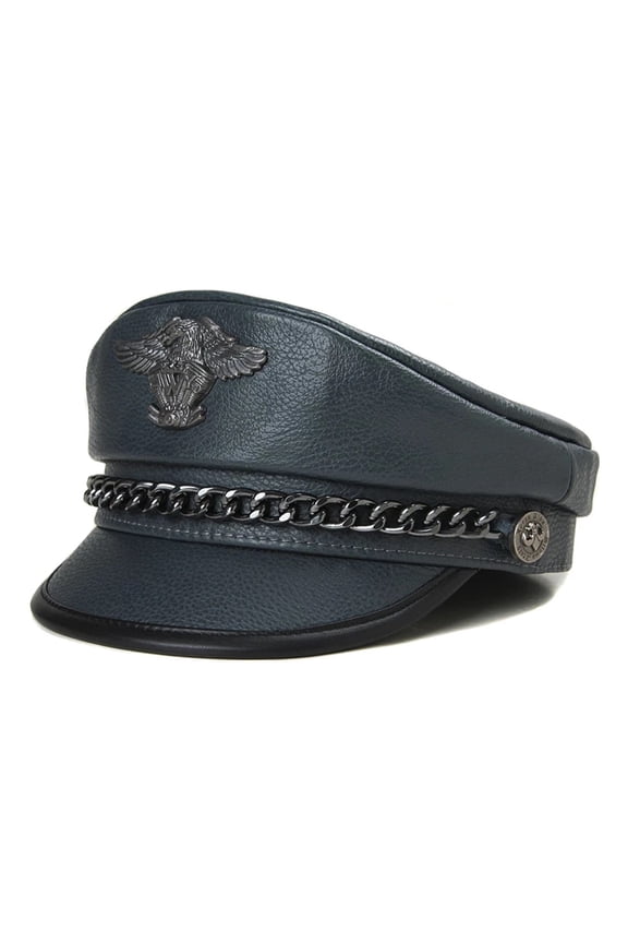 Unisex German Cap Man Real Leather Flat Top Hat Korean Fashion Mark Chain Punk Locomotive Casquette Male ,Beautiful Craftsmanship