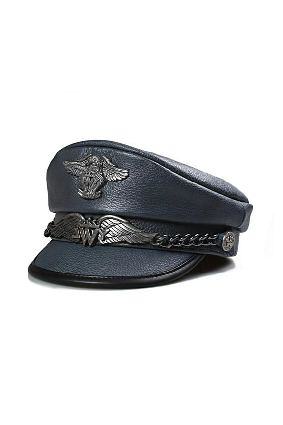Unisex German Cap Man Real Leather Flat Top Hat Korean Fashion Mark Chain Punk Locomotive Casquette Male ,Unique Design