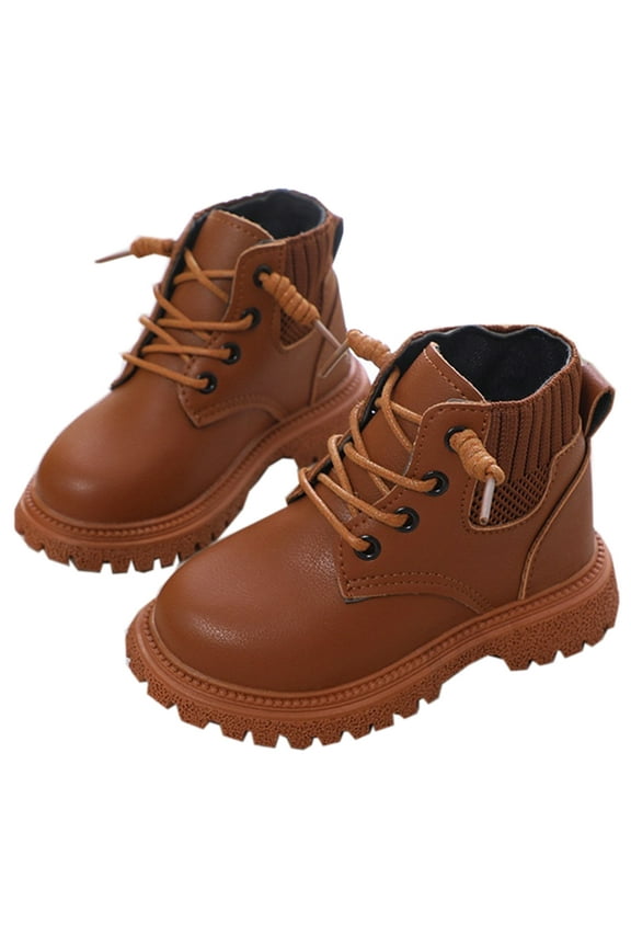 Unisex Girls Boys PU Leather Round Toe Lace Up Ankle Boots Non-Slip Waterproof Comfort Work Boot (Toddler/Little Kid)