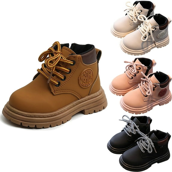 Unisex Girls Boys Zipper Frosted Leather Round Toe Lace Up Ankle Boots Non-Slip Waterproof Comfort Work Boot (Toddler/Little Kid)