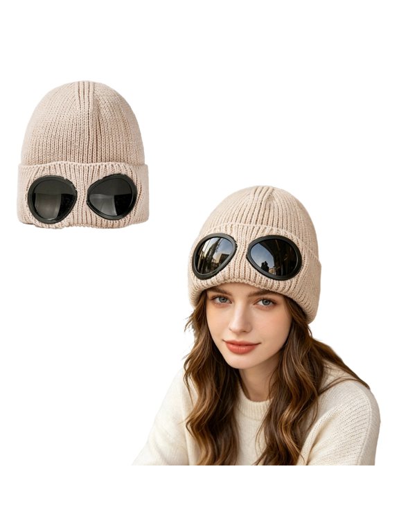 Unisex Goggle Beanie Hat, Winter Knit Cap with Goggle-Style Detail, Novelty Cold Weather Headwear, Beige