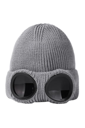 Unisex Goggle Beanie Hat, Winter Knit Cap with Goggle-Style Detail, Novelty Cold Weather Headwear, Gray