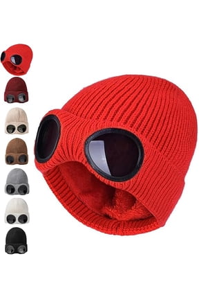 Unisex Goggle Knitted Beanie, Beanie with Goggles, Windproof Warm Winter Skull Cap(Red)