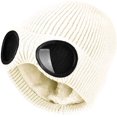 thumbnail image 1 of Unisex Goggle Knitted Beanie Hat Windproof Warm Winter Skull Cap,Beanie with Goggles, Goggle Beanie, Beanie with Goggles Built In, Hat with Goggles, Funny Beanie(White), 1 of 6