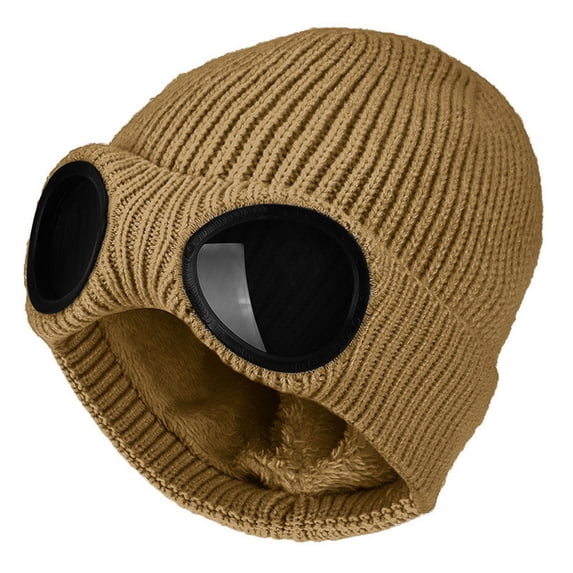 Unisex Goggle Knitted Beanie Hat Windproof Warm Winter Skull Cap Beige One Size