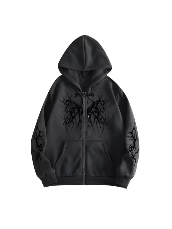 Unisex Goth Zip Up Hoodie Aesthetic Graphic Y2K Sweatshirt Oversized Hooded Jacket Punk Grunge Streetwear