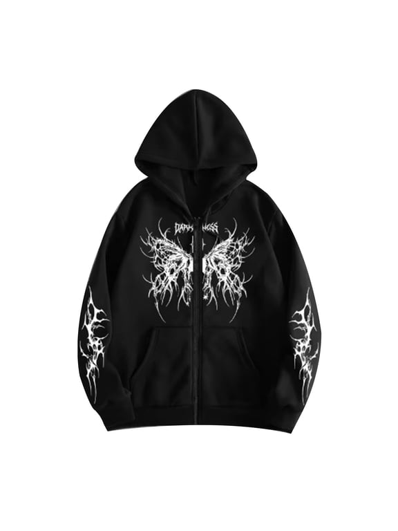 Unisex Goth Zip Up Hoodie Aesthetic Graphic Y2K Sweatshirt Oversized Hooded Jacket Punk Grunge Streetwear